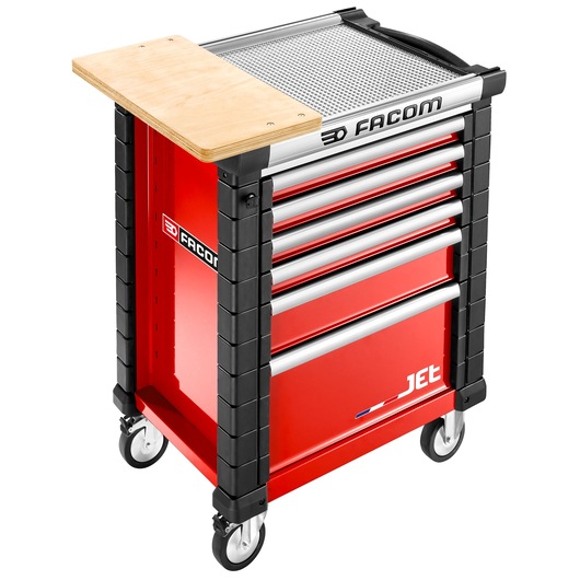 Facom JET.WA17 red tool trolley with six drawers and wood side shelf, front angle on white background.