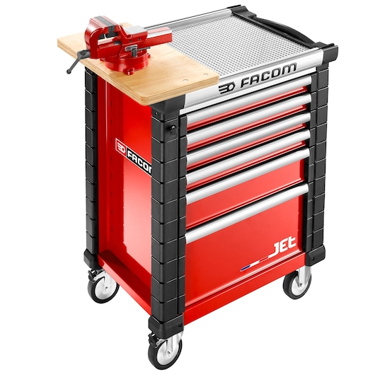 Facom JET.WA17 red tool trolley with drawers, mounted vice, mesh top, and wheels, front angle.