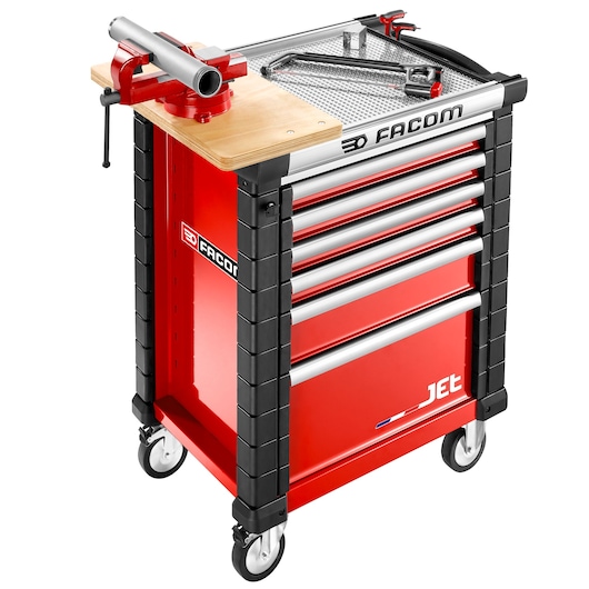 Facom JET.WA17 red tool chest with drawers, worktop, and mounted vise, angled view on white.