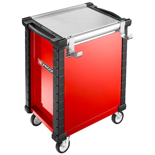 Photo of Facom JET.WA18 red mobile tool cabinet with black frame, perforated steel top, and metal hooks, angled view.