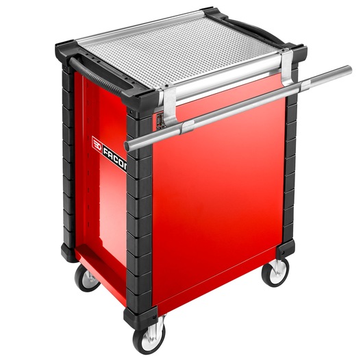 Facom JET.WA18 tool trolley, red with black trim, silver handle, side angle, on caster wheels.