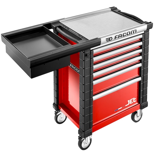 Facom JET.WA21 red and black rolling tool cabinet with multiple drawers, side tray, and caster wheels, angled view.