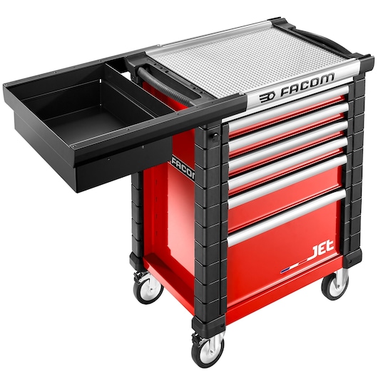 Facom JET.WA21 red tool cabinet with multiple drawers, side extension tray, and wheels, front angle.