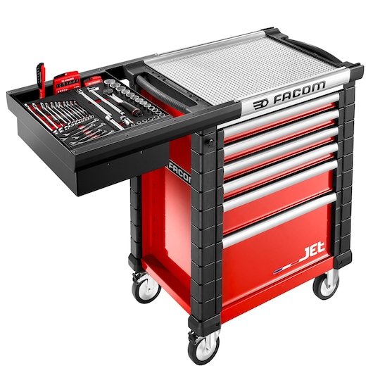 Facom JET.WA21 red and black tool cabinet with open top drawer showing assorted hand tools, photography side angle.