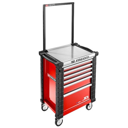Facom JET.WA22-1 red tool cabinet with five drawers, mesh top, frame, and caster wheels, front angle photo.