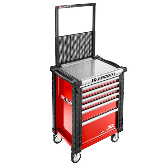 Facom JET.WA22-2A red tool trolley with six drawers, top work surface, side handle, and upright panel, front angle.