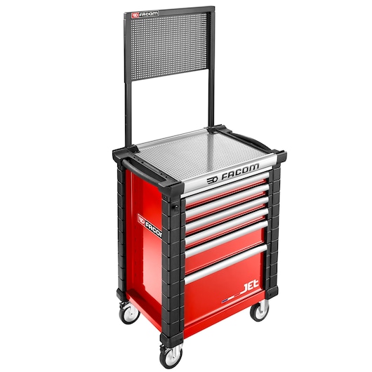 Facom JET.WA22-2A red rolling tool cabinet with five drawers, side handle, top work surface, and upright pegboard, angled view.