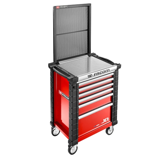 Facom JET.WA22-2A red tool cabinet with five drawers and perforated back panel, front angle photo.