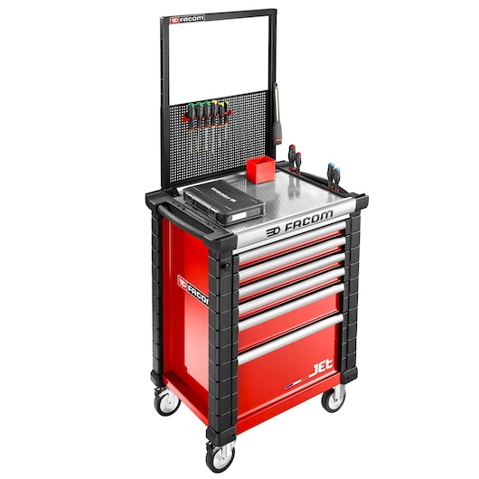 Facom JET.WA22-2A red tool trolley with six drawers, pegboard, hand tools, and casters, front angle on white.