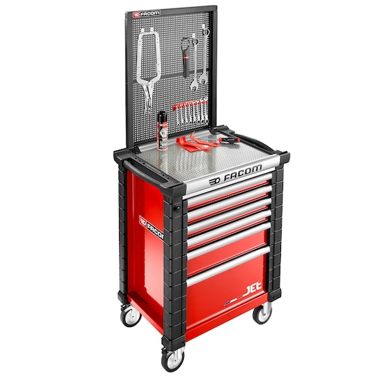 Facom JET.WA22-2A red tool trolley with drawers, pegboard, tools, and spray, front angle on white background.