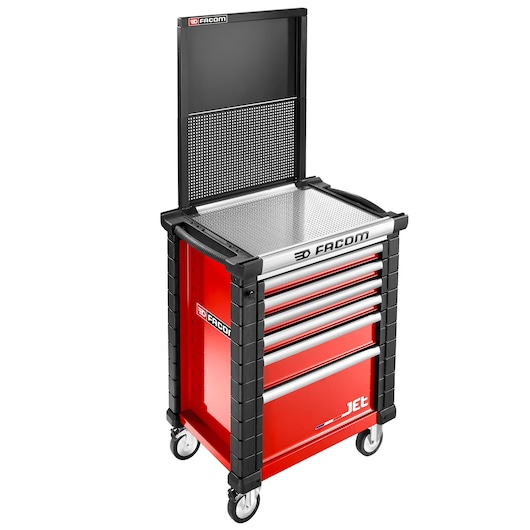 Facom JET.WA22-2B red rolling tool chest with six drawers and perforated back panel, front angle on white background.