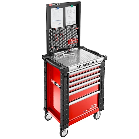 Facom JET.WA22-2B red and black rolling tool cabinet with six drawers and pegboard with tools, photographed at angle.