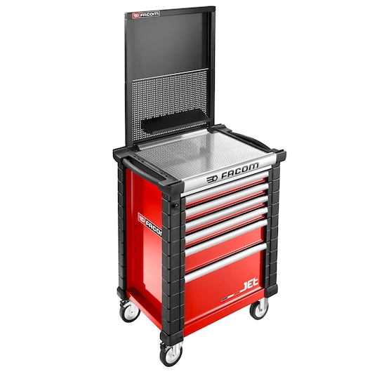 Facom JET.WA22-3 red rolling tool cabinet with five drawers, pegboard back panel and shelf, angled view.