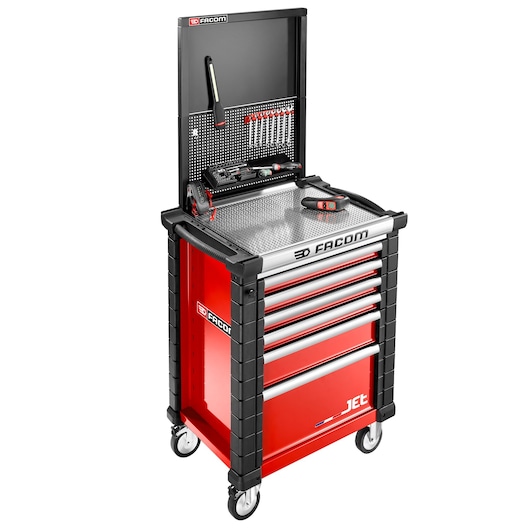 Facom JET.WA22-3 red tool trolley with six drawers, pegboard back panel, and assorted hand tools, front angle.