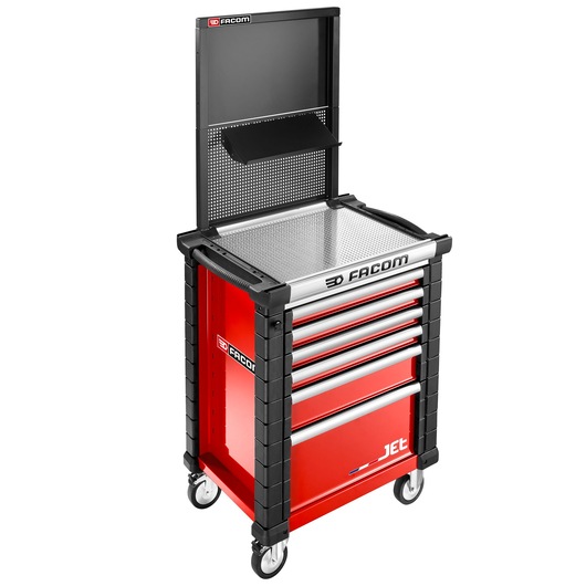 Facom JET.WA22-4 red tool cabinet on wheels with five drawers and metal worktop, front angle on white background.