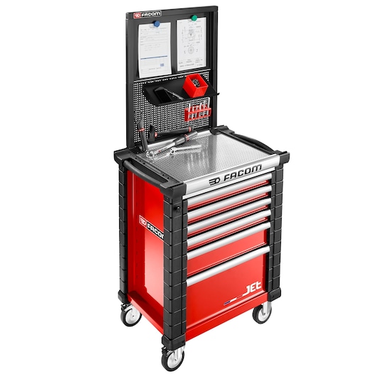 Facom JET.WA22-4 red tool trolley with drawers, pegboard, and document holder, angled front view.