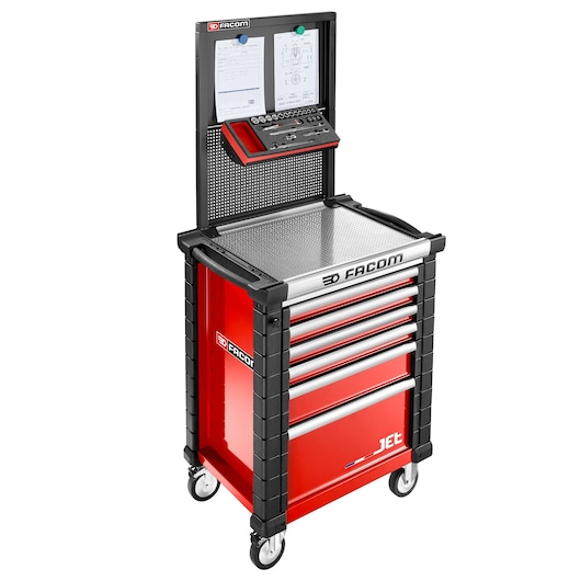 Facom JET.WA22-4 red rolling tool cabinet with drawers, document holder, and pegboard, front angle.