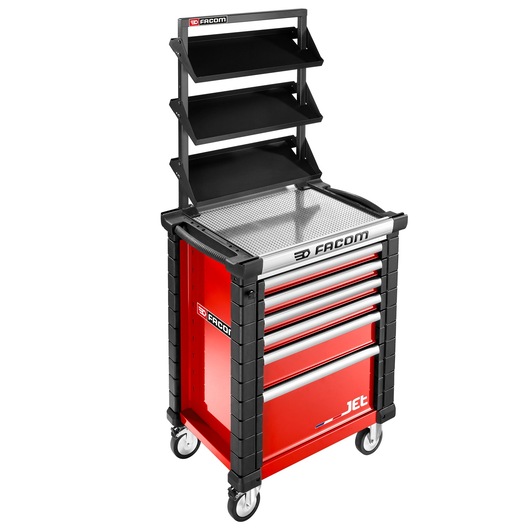 Facom JET.WA22-5 red tool trolley with five drawers, three black shelves, side handle, and caster wheels, front angle.