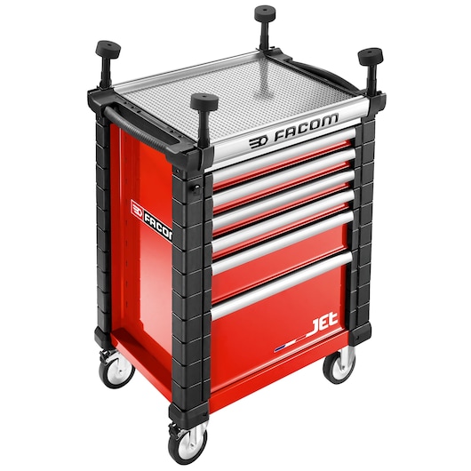 Facom JET.WA23 red and black rolling tool cabinet with five drawers, silver handles, mesh top, front angle.