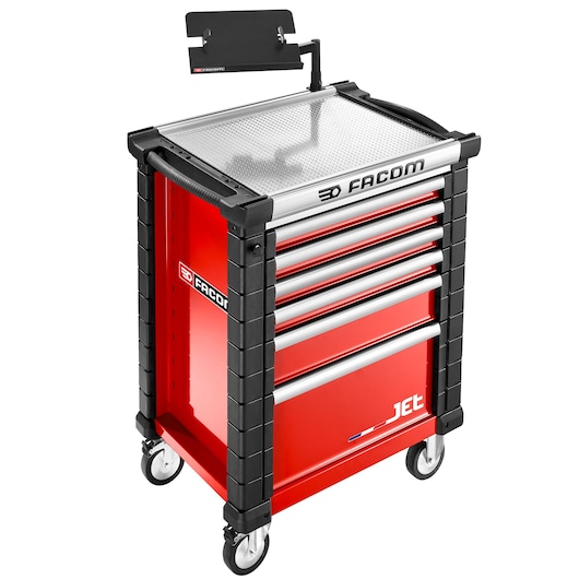 Facom JET.WA3 red tool storage cart with drawers, top tray, and wheels, front angle photo.