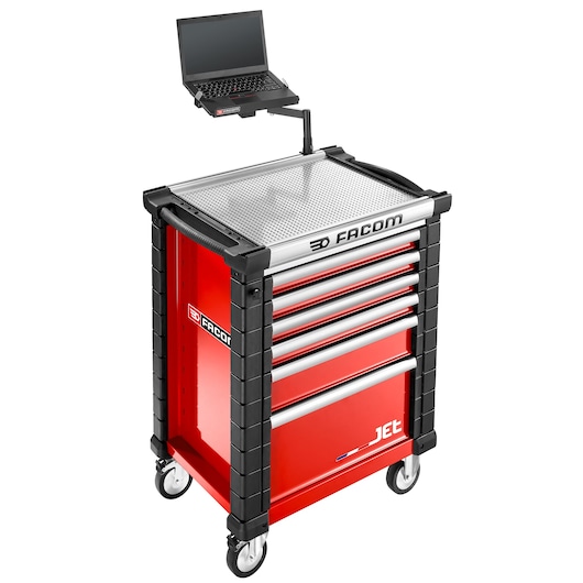 Facom JET.WA3 red rolling tool cabinet with six drawers and laptop stand, angled view.