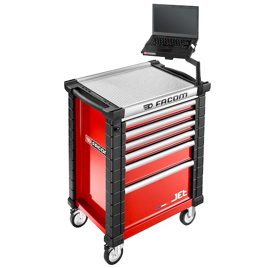 Facom JET.WA3 red tool cabinet with five drawers, side handle, caster wheels, and adjustable laptop holder, front angle.