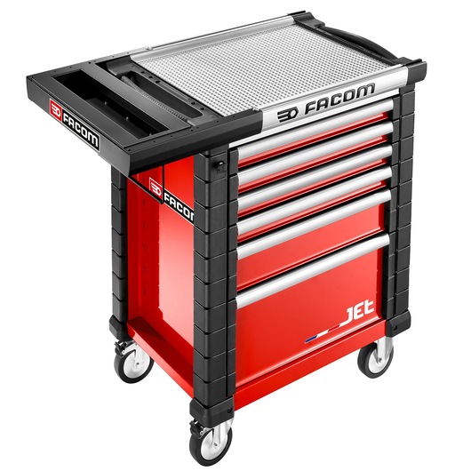 Facom JET.WA5-1 red tool storage cart with five drawers and side organizer, angled front view, photography on white.