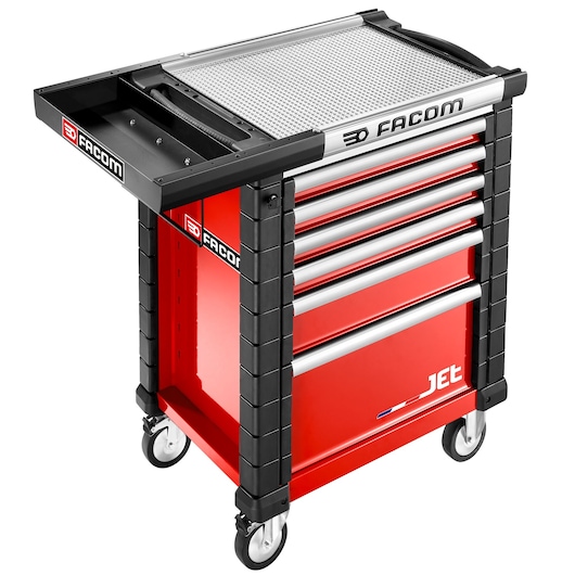 Facom JET.WA5-1 red mobile tool cabinet with five drawers, side tray, and caster wheels, front angle.