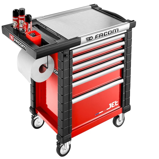 Facom JET.WA5-1 red rolling tool cabinet with drawers, side paper roll holder, and top organizer, front angle.