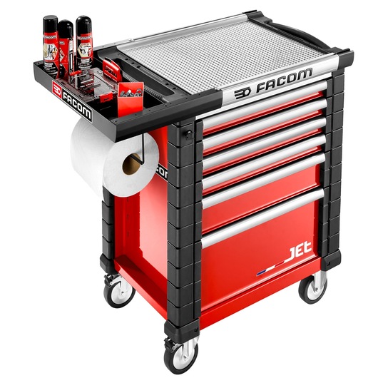 Facom JET.WA5-1 red and black rolling tool cabinet with five drawers, side tray, and paper roll holder, front angle.