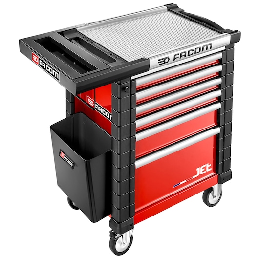 Facom JET.WA5 red and black rolling tool cabinet with five drawers, side bin, and steel top, photographed at angle.