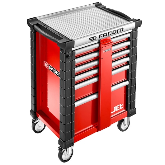 Facom JET.WA9 red tool cabinet with multiple drawers, side view, on caster wheels, photography