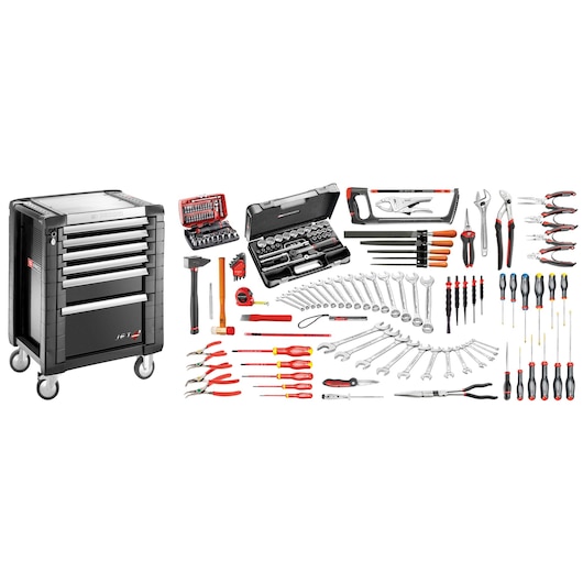 Facom JET6M130A tool chest with multiple drawers and a comprehensive set of hand tools and accessories laid out.