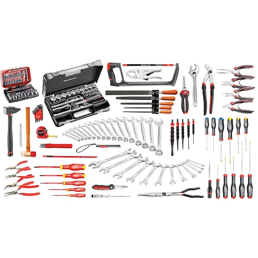 Facom JET6M130A photography of assorted hand tools and tool sets displayed on white background.