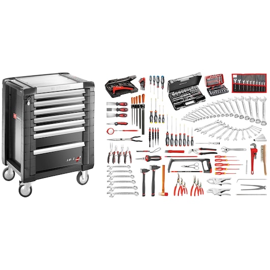Facom JET7M140A tool cabinet and complete tool set, black cabinet with seven drawers, hand tools and accessories displayed.