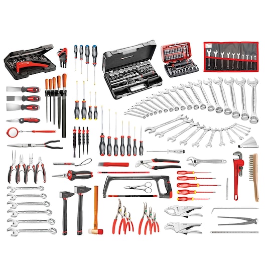 Facom JET7M140A tool set with wrenches, pliers, screwdrivers, and sockets, photographed from above on white.