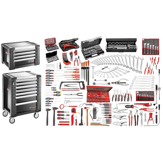 Facom JET7M150A tool cabinet with drawers and a comprehensive assortment of hand tools, sockets, wrenches, and accessories, shown from front angle on white background.