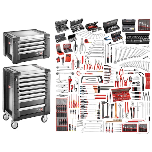 Facom JET8_M160A tool trolley with multiple drawers and assorted hand tools, photographed from front and side angles.