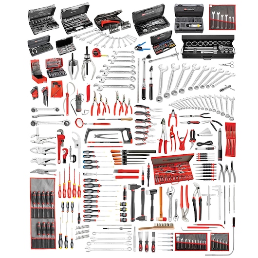 Facom JET8_M160A assorted hand tools and tool sets photography, white background, tools organized in rows.