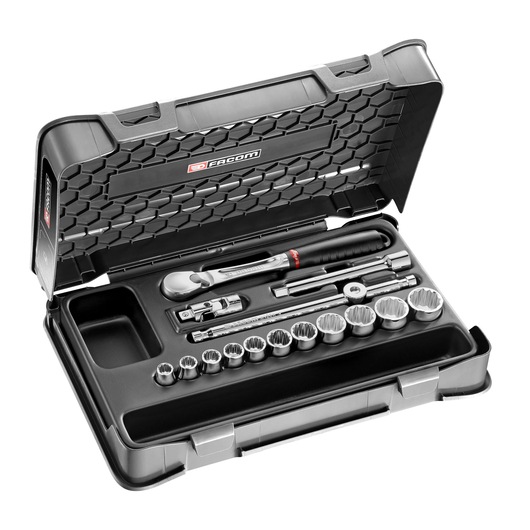 Facom socket wrench set JL_161-2P12U in black hard case, assorted sockets and accessories, angled view.