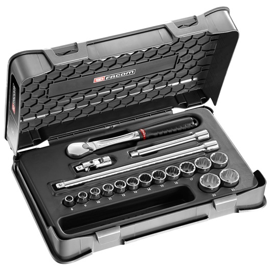 Facom socket wrench set JL_161-2P12 in black case, showing ratchet, extensions and multiple sockets, front angle.