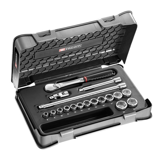 Facom socket wrench set JL161-2P6 in black case, with ratchet, extension bars, and various sockets, white background.