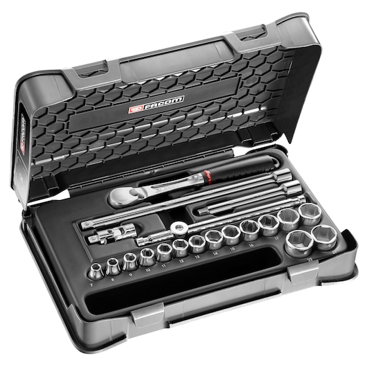 Photo of Facom JL161-3P6 socket and ratchet set in a black hard case, shown from above on a white background.