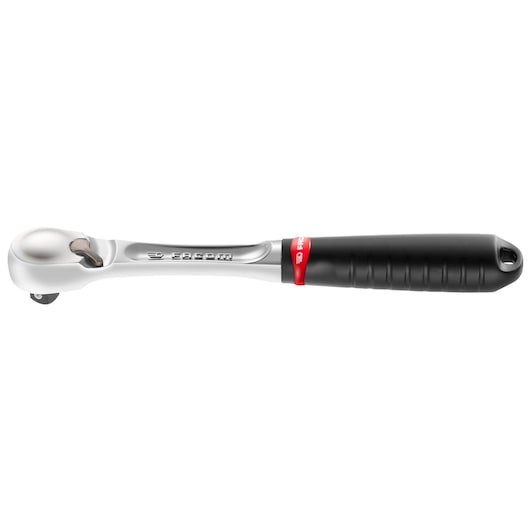 Facom JL_161 ratchet wrench, silver metal with black and red handle, side view on white background.