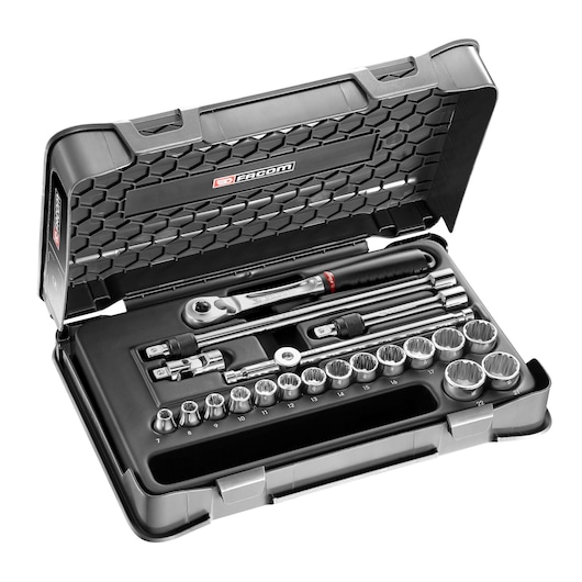 Facom JL171-3P12 socket wrench set in black hard case, open, showing ratchet handle, extensions, and sockets.