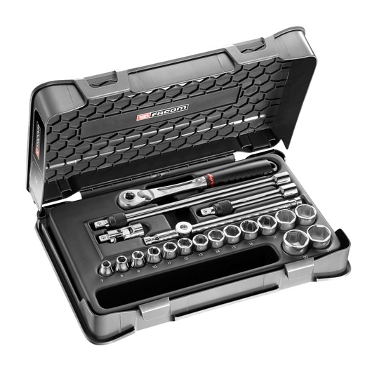 Facom JL_171-3P6 socket set with ratchet, extensions, and sockets in black case, top angle.