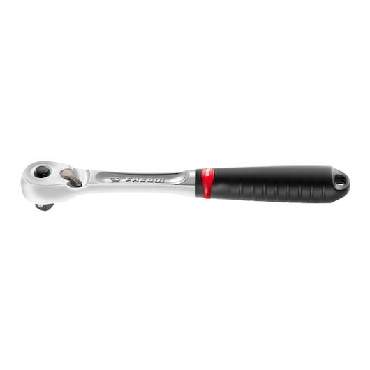 Facom JL_171 ratchet wrench with black grip and red accent, side angle, photography on white background.