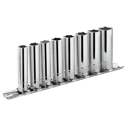 Facom JL_41E chrome socket set on rail, product photography, side angle, tool category.
