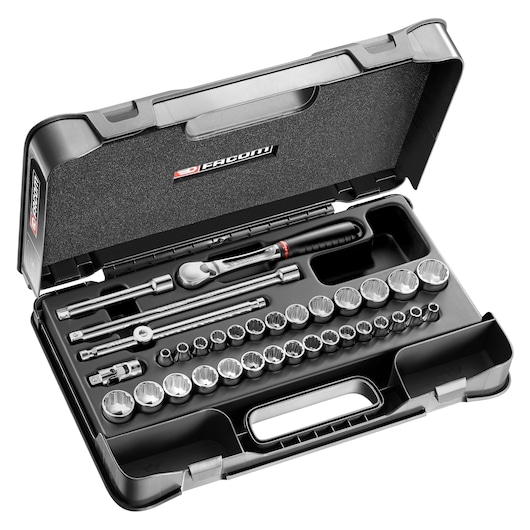 Facom socket wrench set JL430AMU in black case, angled view showing sockets and accessories.