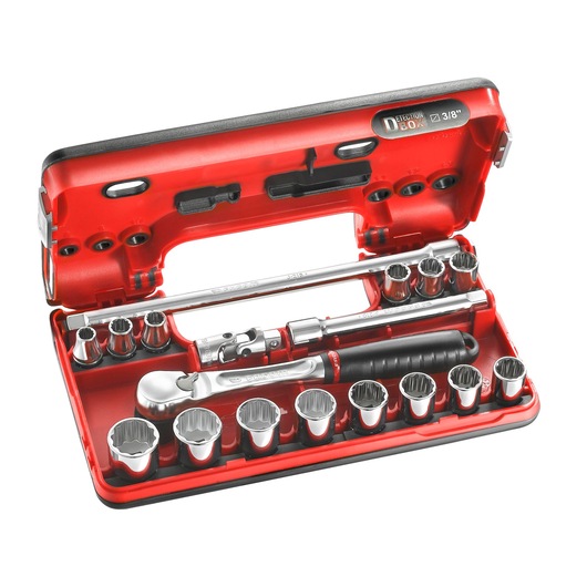 Facom JL.DBOX112PB socket wrench set with ratchet, extension bars, and sockets in a red hard case, top angle.